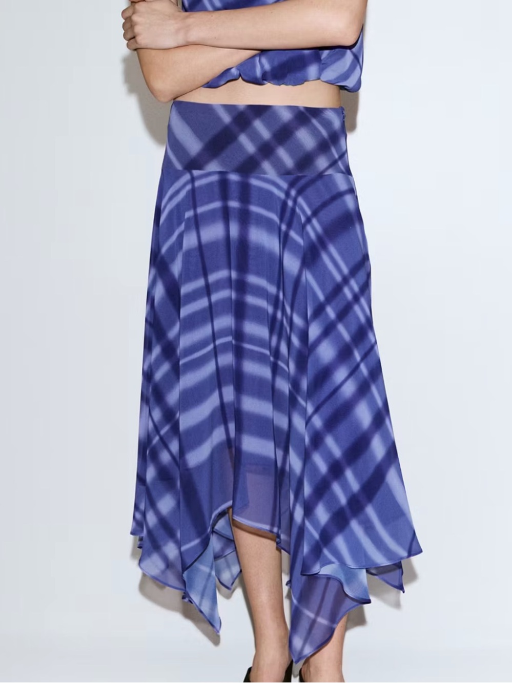 Mango Purple Plaid Asymmetric Handkerchief Hem Skirt